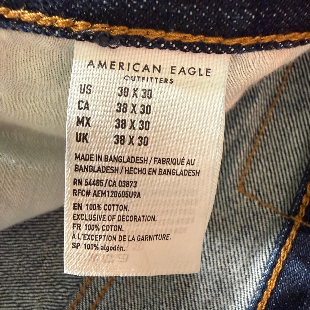 American Eagle Jeans Mens 38x30 Blue Relaxed Straight Dark Wash Faded Whiskers - Picture 8 of 10